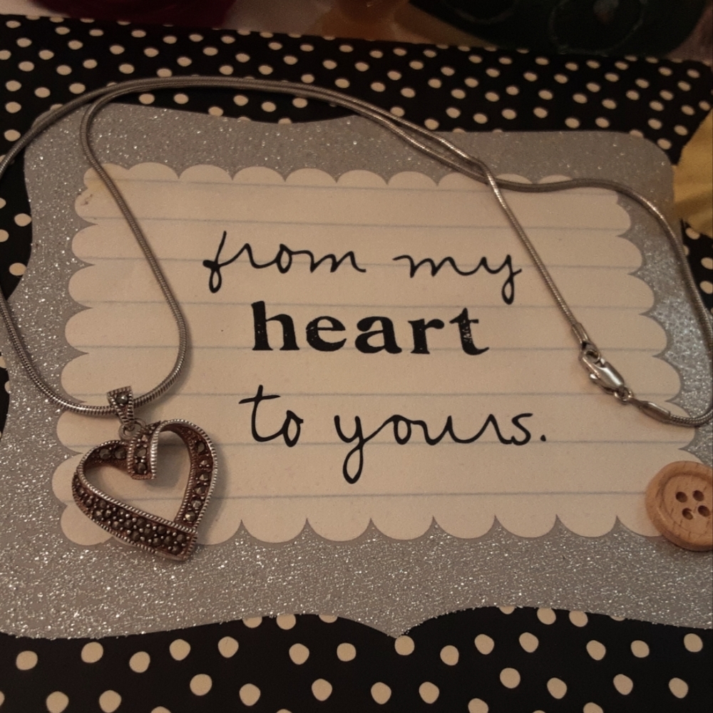 VINTAGE 925 STERLING MARCASITE OPEN HEART NECKLACE